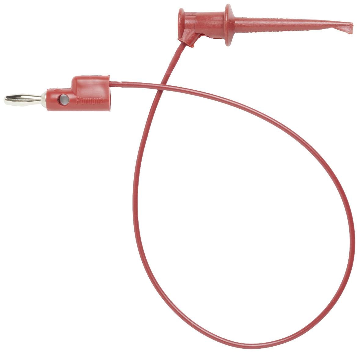 En röd elektrisk testkabel med en metallspets och skyddshölje. Den används för att mäta elektriska signaler.