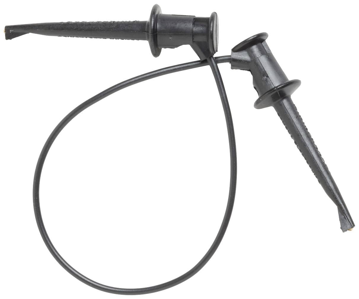 En svart testkabel med krokodilklämma och kabel, använd för elektriska tester och mätningar inom elektronik.