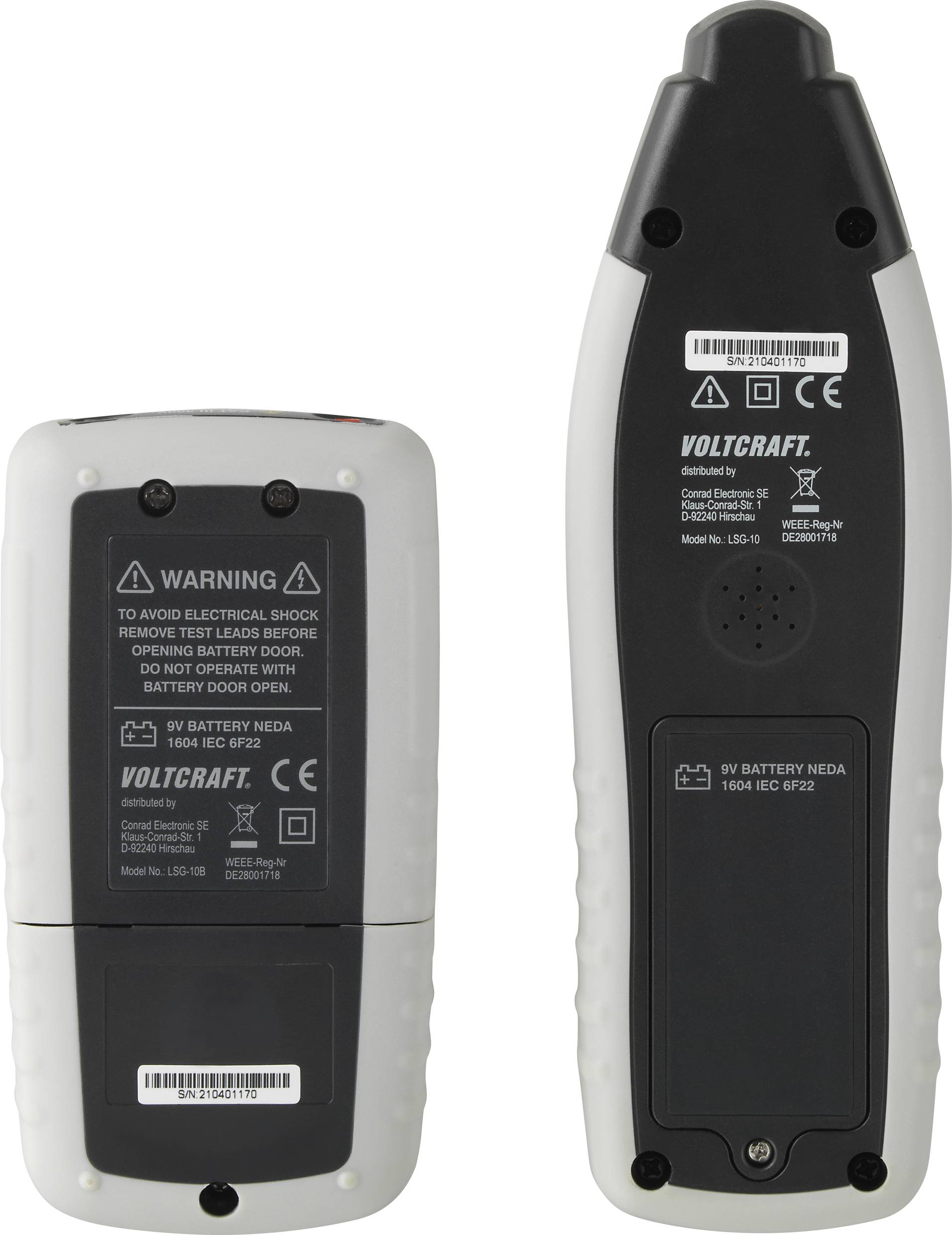 Elektriskt mätinstrument, fram- och baksida. På baksidan varningsanvisningar och batterifack. Märke 'Voltcraft'.