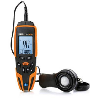 En digital luxmeter med bakgrundsbelyst display visar värdet '597 Lux'. Till vänster en avtagbar sensorprob.