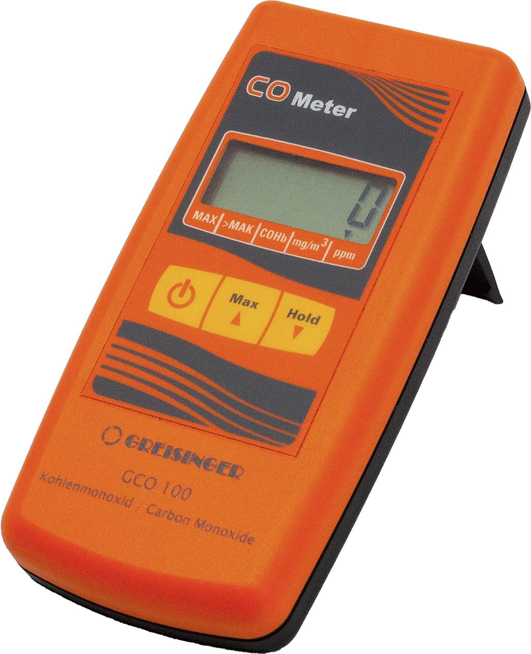 En orange kolmonoxidmätare visar ett CO-värde på 0 ppm på displayen. Det finns knappar för mätläge och håll-funktion.