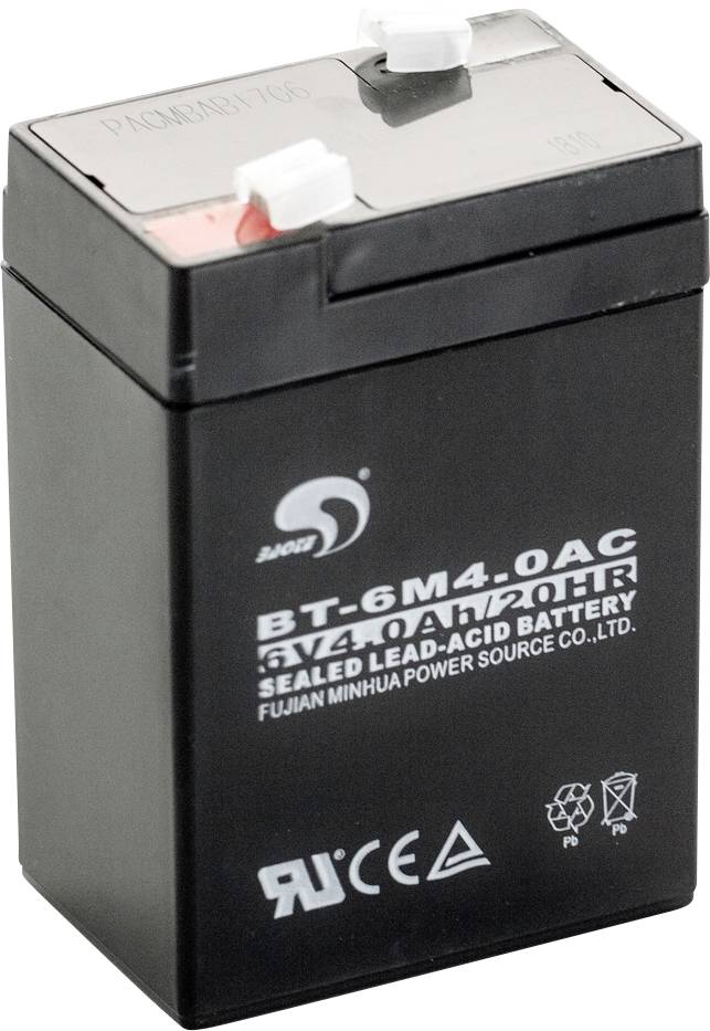 Förseglat blybatteri, 6V 4Ah kapacitet, modell: BT-6M4.0AC från Fujian Minhua. Lämplig för reservströmssystem.