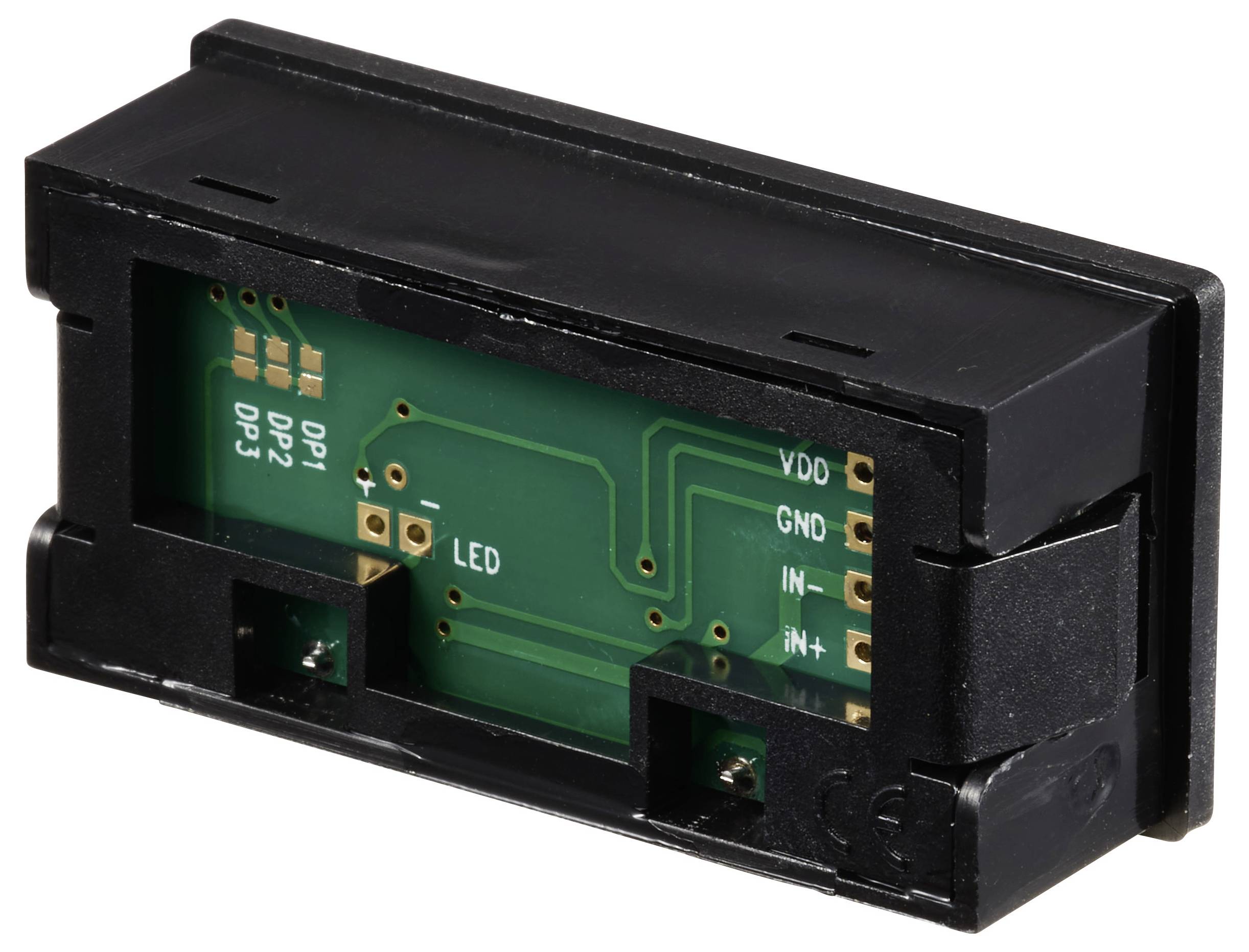 Svart elektronisk modul med frilagd grön kretskort och märkta anslutningar: DP+, DP-, VDD, GND, IN+, IN-.