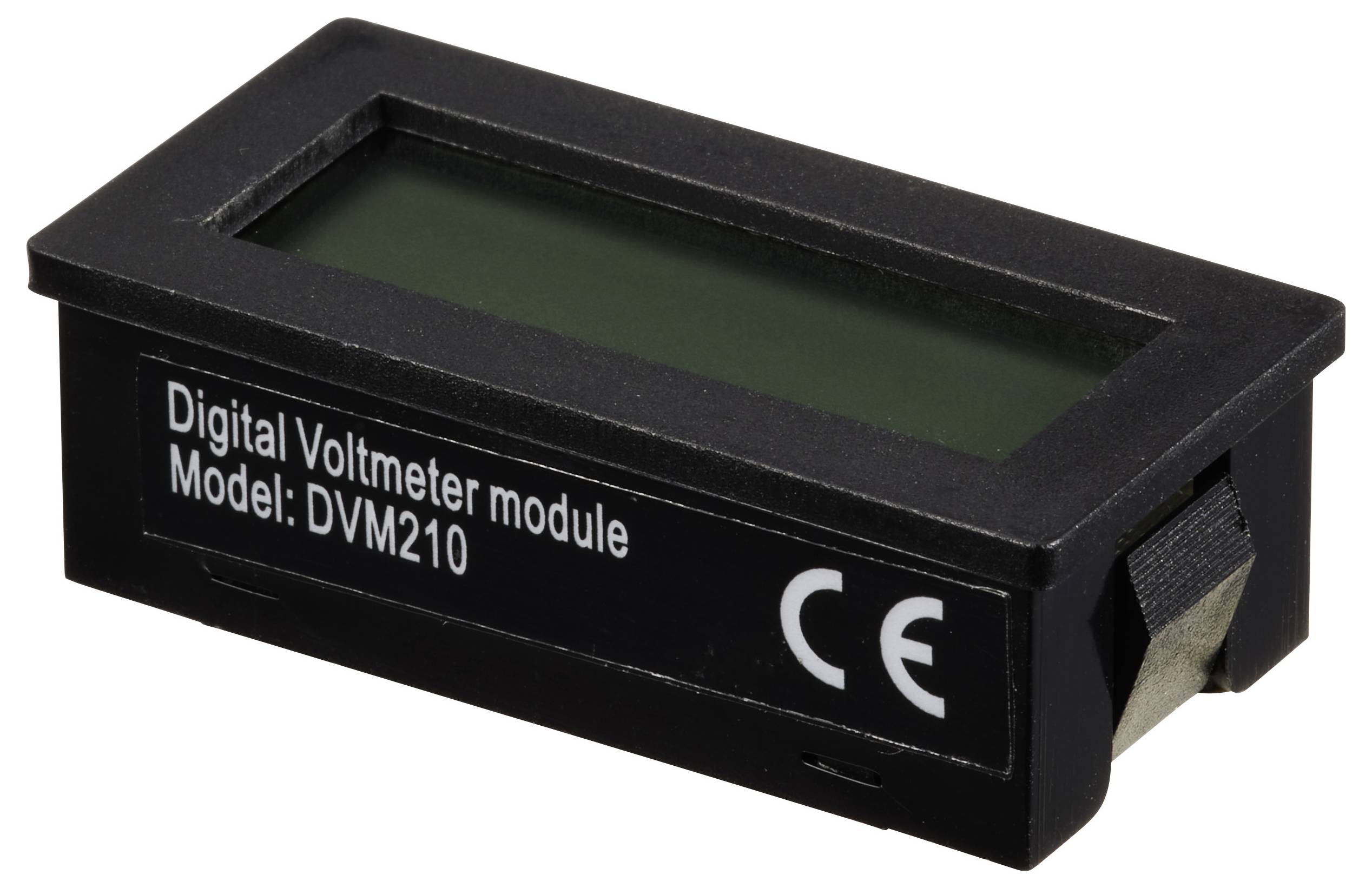 Svart digitalt voltmetermodul med texten 'Digital Voltmeter module Model: DVM210' och CE-märkning.
