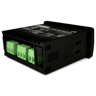 En svart elektronisk enhet med tre gröna kontakter visas vänd åt vänster, märkt med tekniska specifikationer.