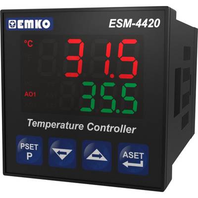 'EMKO ESM-4420 Temperaturreglage' visar aktuell temperatur på 31,5 °C i rött, börvärde 35,5 °C i grönt och manöverknappar nedtill.