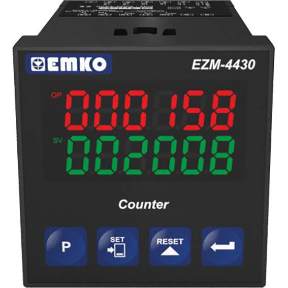 Elektronisk räknare med röd LED-display '000158' och grön display '002008'. Knappar för Set och Reset nedanför.