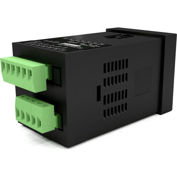En svart, rektangulär elektronisk adapter med två gröna anslutningsklämmor på sidan, möjligen avsedd för industriella tillämpningar.