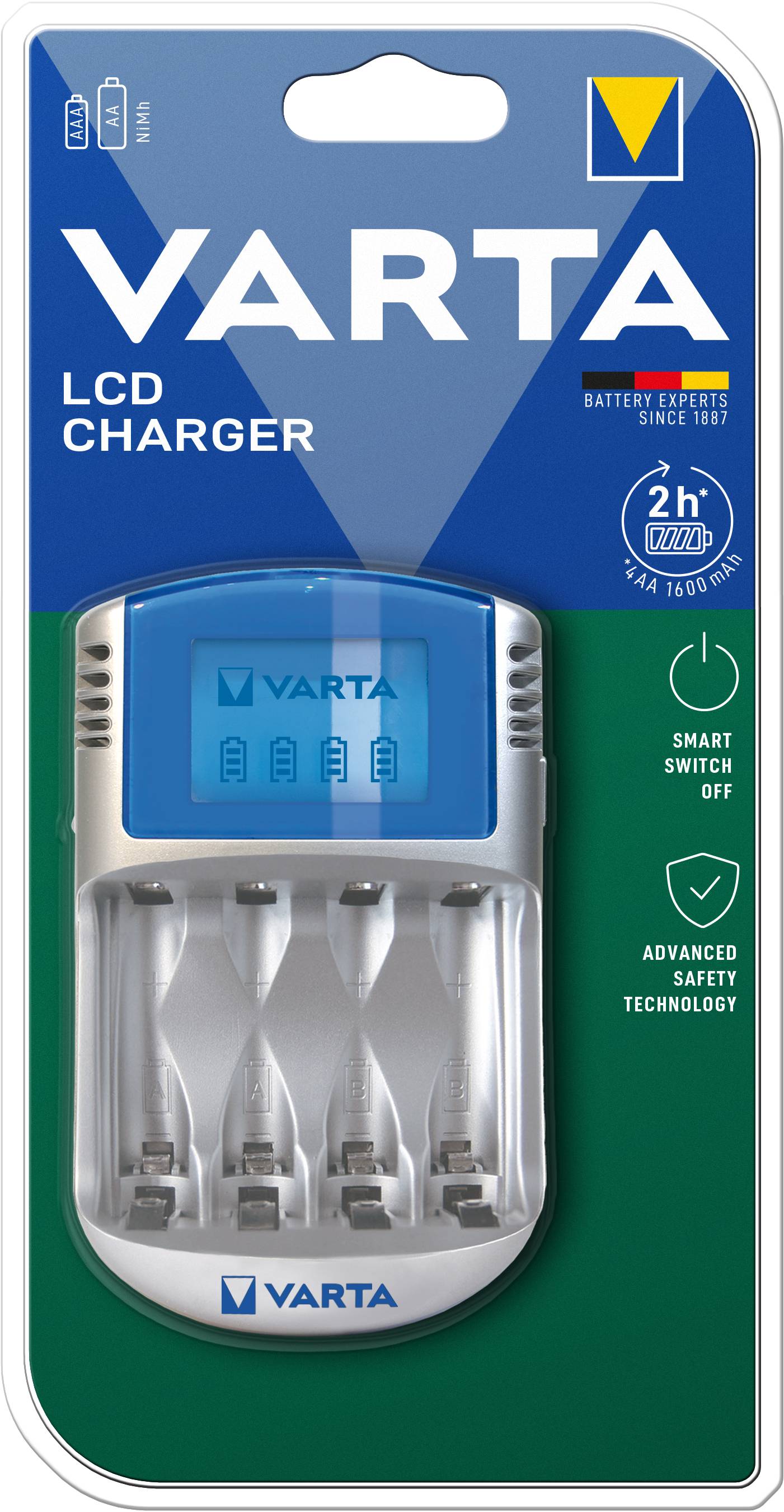 VARTA LCD Charger förpackning visar ett laddningsaggregat med fyra batterifack och LCD-skärm. Funktioner: Smart Avstängning, Avancerad Säkerhetsteknologi. Laddningstid: 2 timmar.