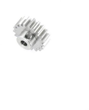 Ett litet silverfärgat kugghjul med symmetriska tänder och ett centralt hål, framställt mot en vit bakgrund.