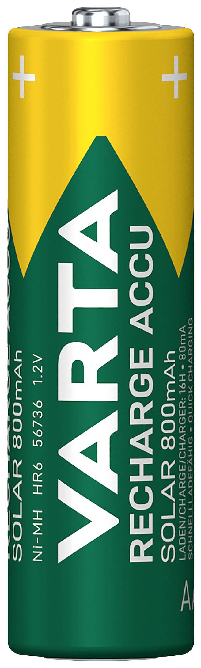 Gröna och gula VARTA AA laddningsbara batterier, 800mAh, lämpliga för solceller, 1,2V Nickel-Metallhydrid.