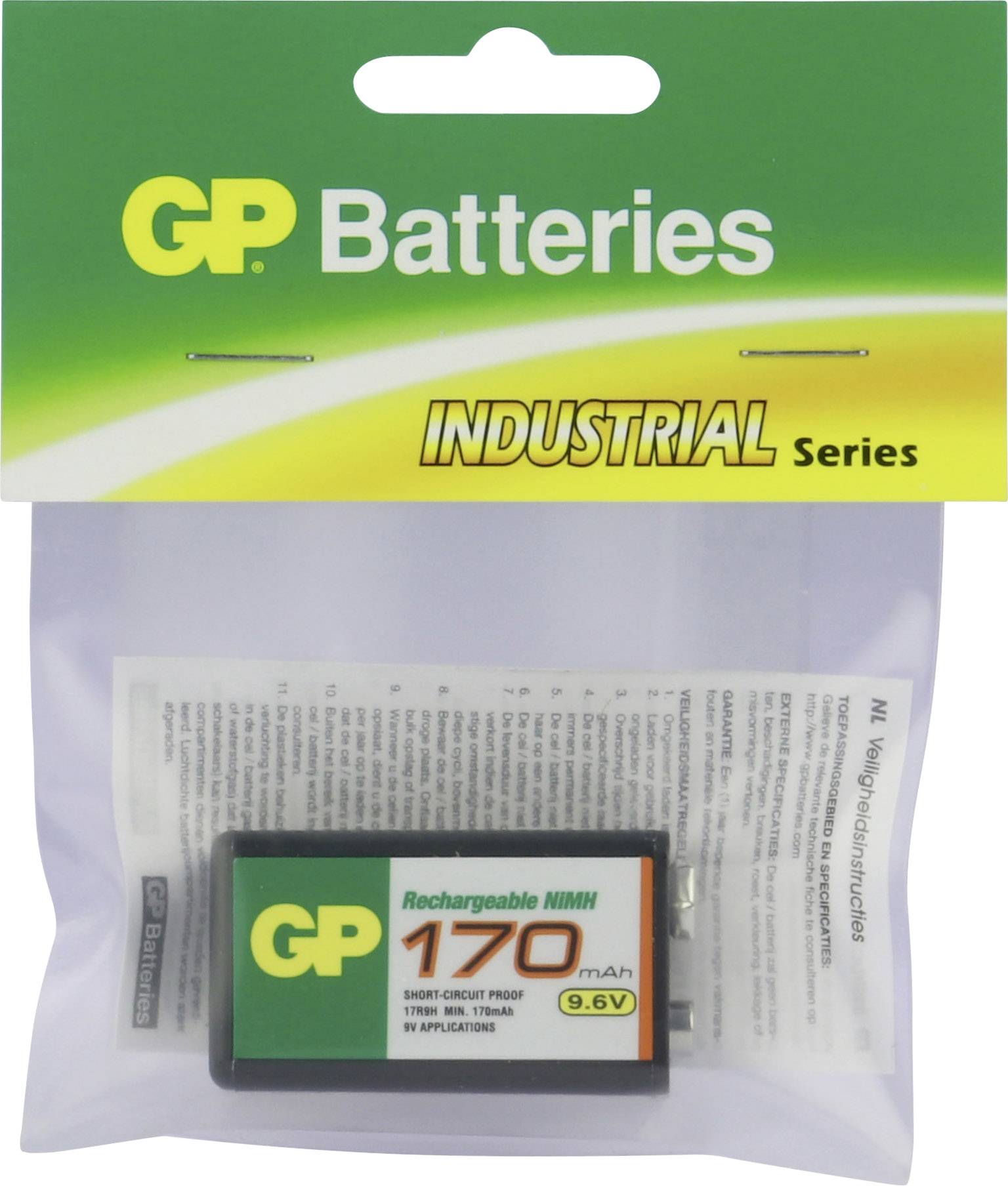GP Batteries förpackning med en gul text och ett batteri. Produkt: 'Laddningsbar NiMH 170mAh 9.6V', serie 'Industrial'.