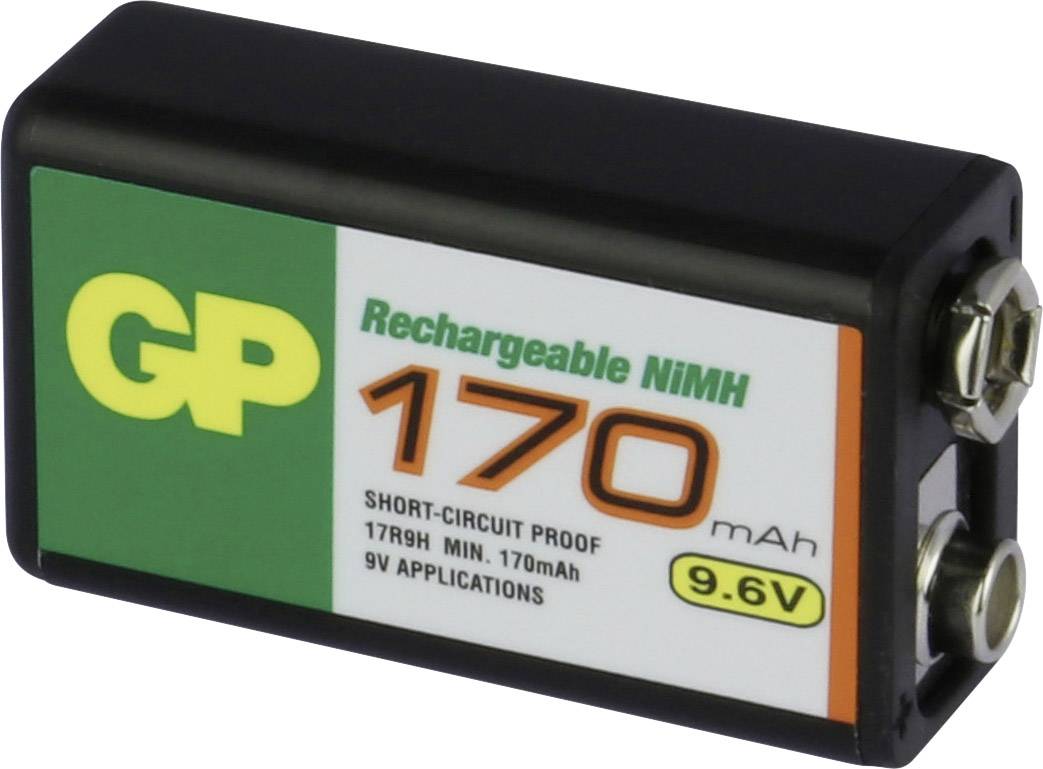GP laddningsbart NiMH-batteri 170 mAh, 9,6V i rektangulär form med anslutningar överst och etikett på framsidan.