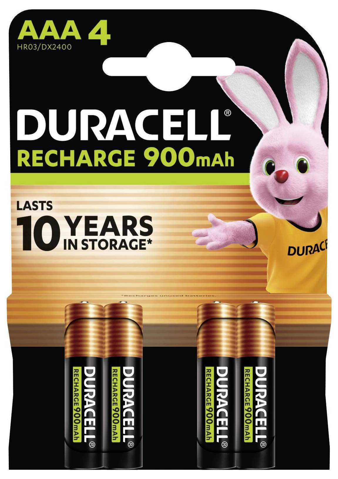 Fyra Duracell uppladningsbara AAA-batterier, 900mAh, annonserade med en livslängd på "10 år i lagring". Rosa kanin-maskot på förpackningen.