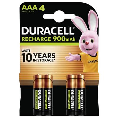 Fyra Duracell uppladningsbara AAA-batterier, 900mAh, annonserade med en livslängd på "10 år i lagring". Rosa kanin-maskot på förpackningen.
