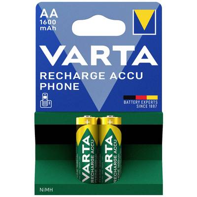 Två Varta AA-batterier i en förpackning märkt 'Recharge Accu Phone', lämpliga för uppladdningsbara användningar.