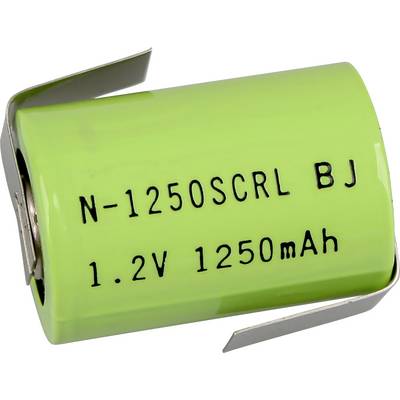 Grön uppladdningsbar batteriscell märkt "N-1250SCRL BJ" och "1,2V 1250mAh" med metallkontakter.