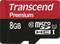 Svart MicroSD-kort från Transcend med röd rand överst, 8 GB kapacitet, 'Premium', Klass 10, UHS-I, HC I.