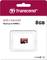 Förpackning för ett 8GB Transcend UHS-I microSD-kort, läshastighet upp till 90MB/s, Class 10, i plastfodral.