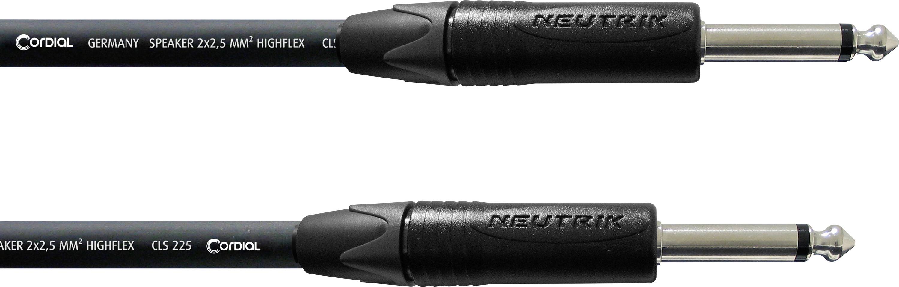 Två svarta Neutrik-audiokablar med metall-1/4-tumskontakter, visade horisontellt på en vit bakgrund; den övre kabeln är märkt Cordial Highflex.