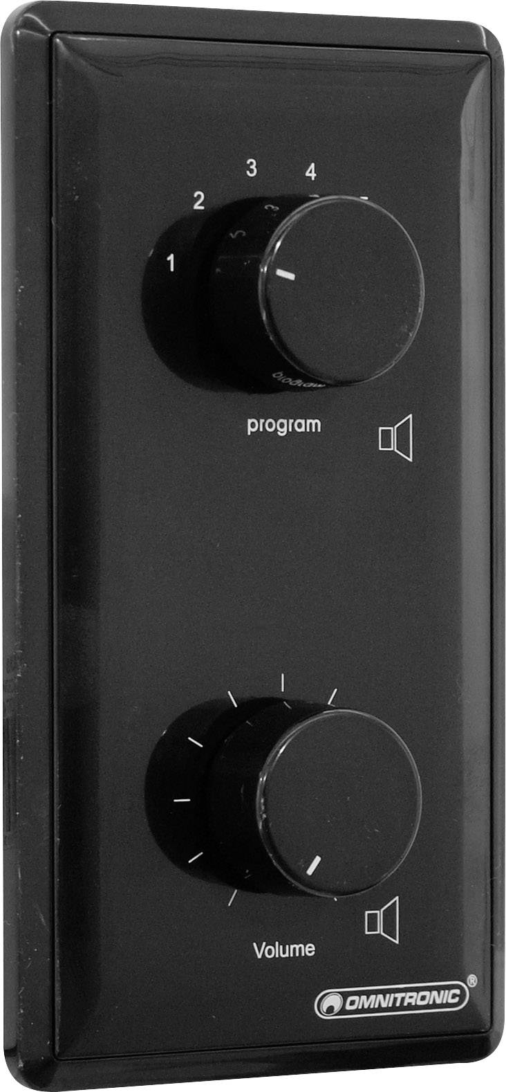 Två vred på en svart kontrollpanel, det övre för 'Program' med skala 1-4, det nedre för 'Volym', med volymsymbol till höger.