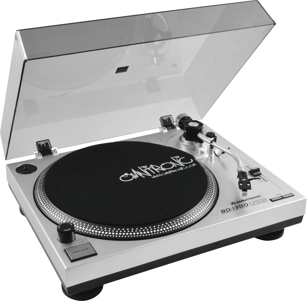 Skivspelare med glaslock, silver hölje och USB-anslutning, modell 'Omnitronic BD-1390'.