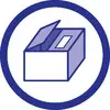 En symbol för en valurna i en blå cirkel som visar en öppen valbox med ett språng för att lägga ned röster.