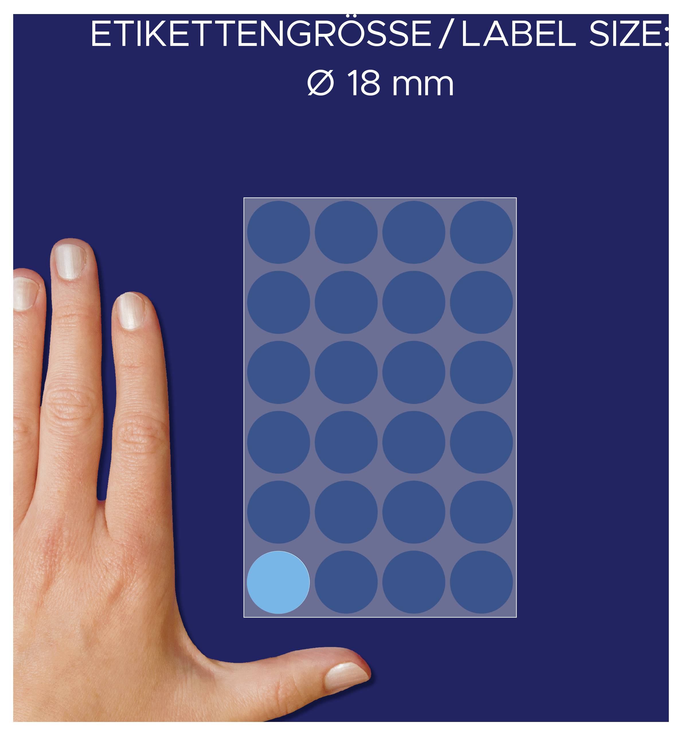 Grafisk framställning av etikettsstorlek 'Ø 18 mm' med ett 4x6-rutnät av runda etiketter; en hand tjänar som måttstock, en etikett är markerad.