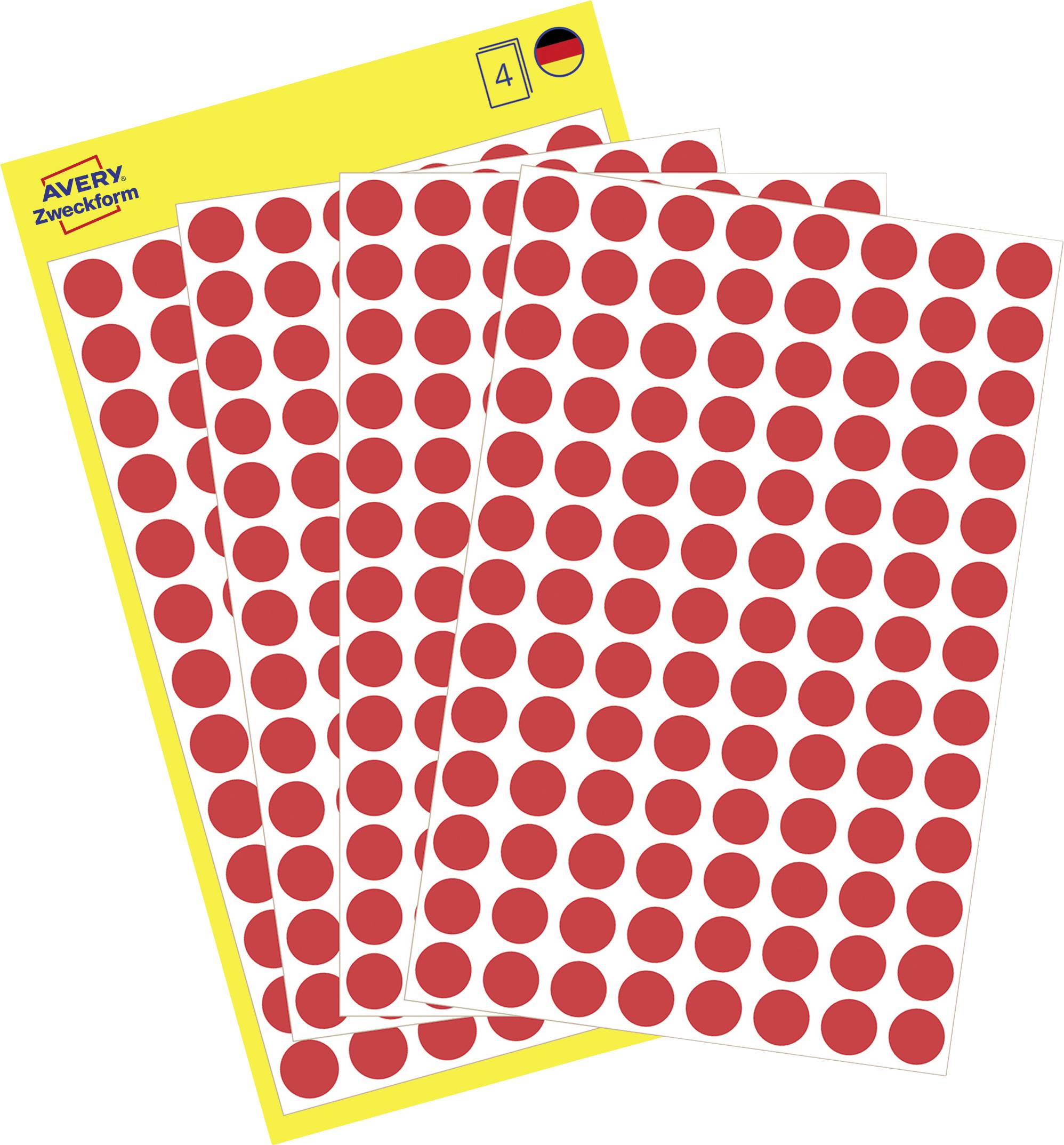 Paket med Avery Zweckform röda cirkulära etiketter på ark, visade i en gul förpackning märkt "4".
