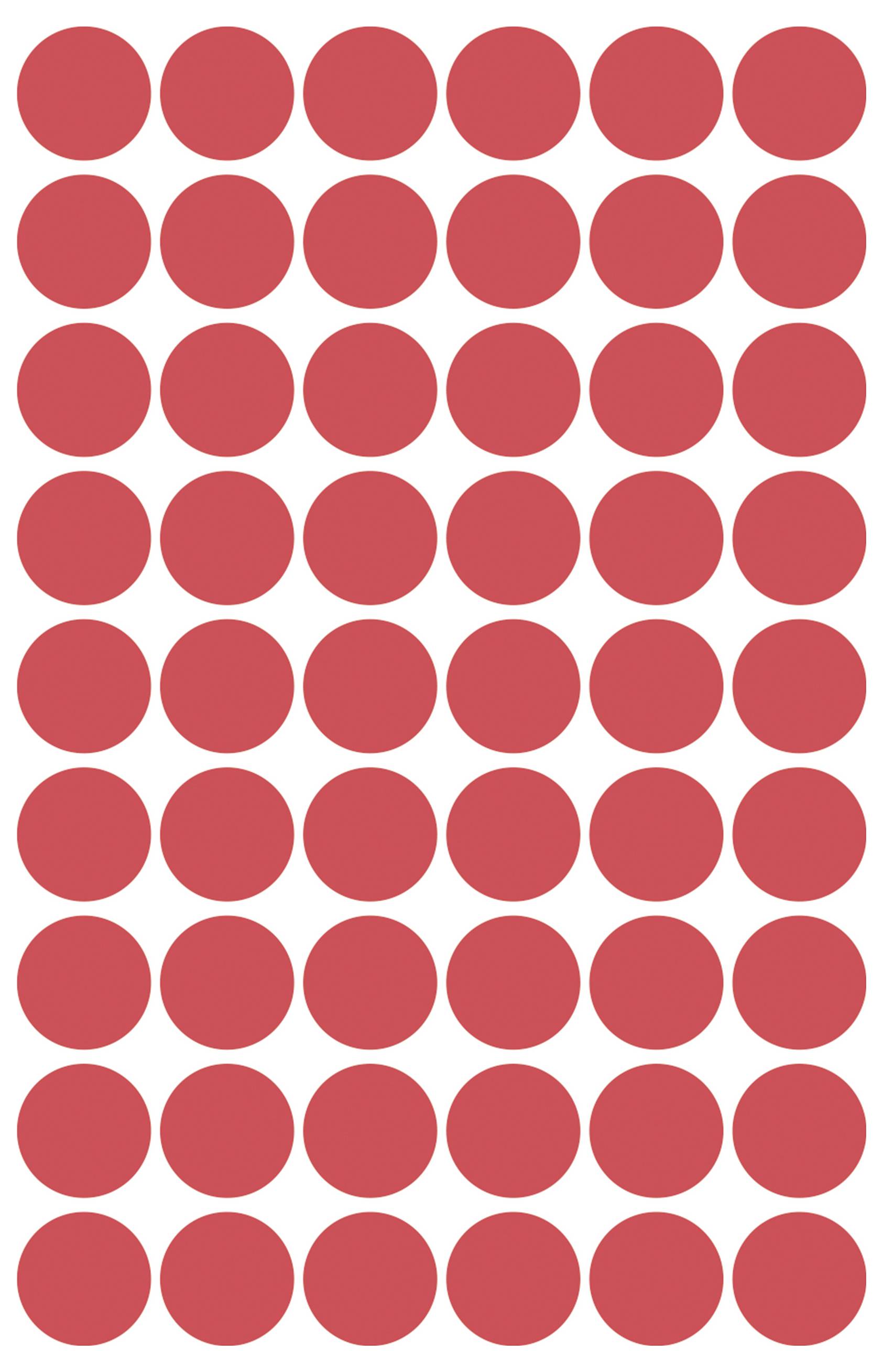 Ett rutnät med 54 röda cirklar arrangerade i 6 kolumner och 9 rader på en vit bakgrund.