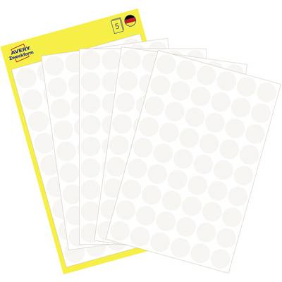 En förpackning Avery Zweckform runda vita självhäftande etikettark, visade staplade på ett gult baksidekort.
