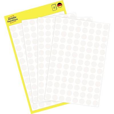 Avery Zweckform-ark med runda vita självhäftande etiketter på fyra överlappande sidor, visad som produktförpackning med gul kant.