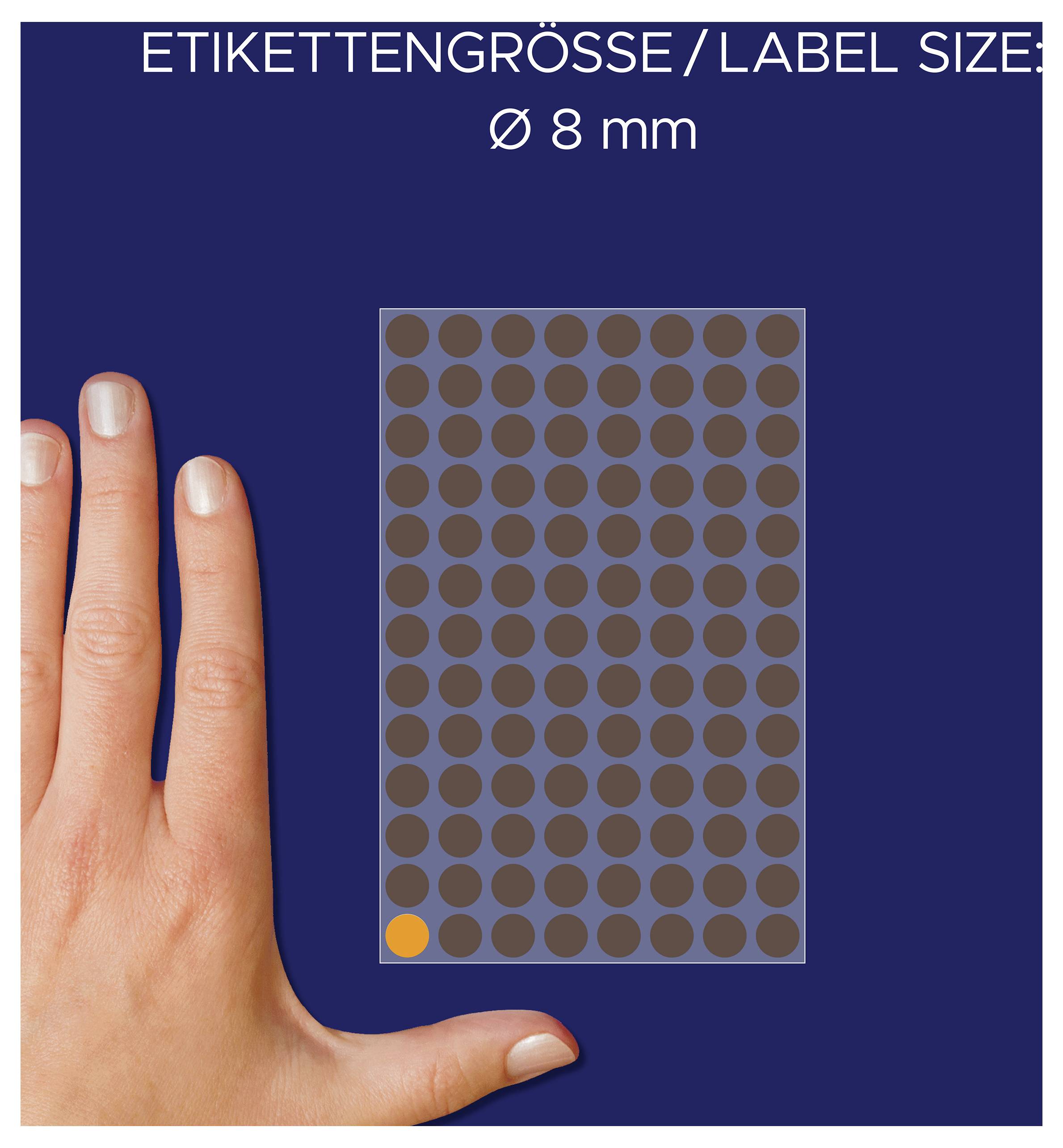 Jämförelsebild för etikettsstorlek: Rektangulärt fält med många punkter och texten "ETIKETTSSTORLEK / LABEL SIZE Ø 8 mm"; hand fungerar som måttstock.