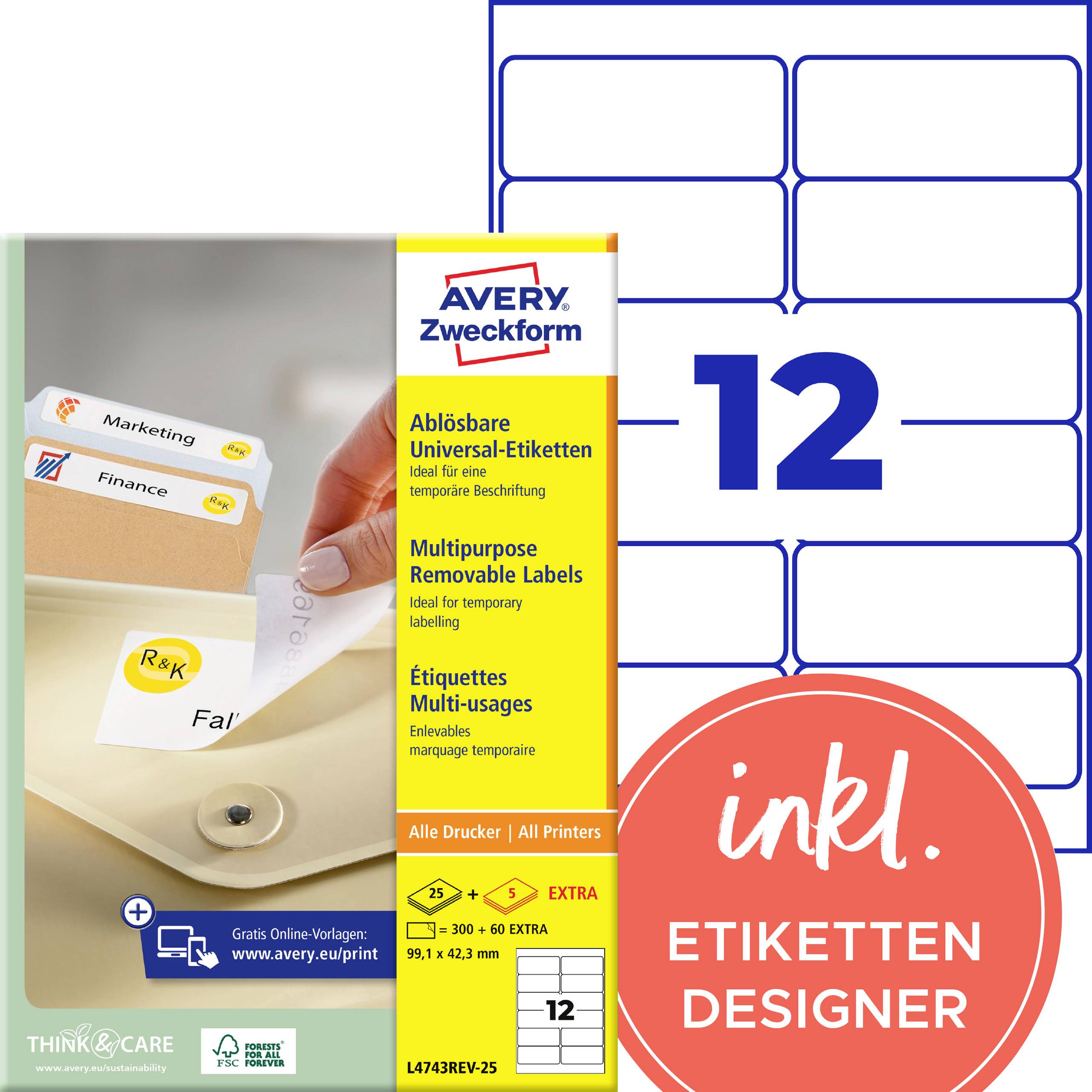 Produktbild av Avery Zweckform avtagbara etiketter, storlek 99,1 x 42,3 mm, 12 per ark, för alla skrivare, med inkluderad etikettkonstruktör.