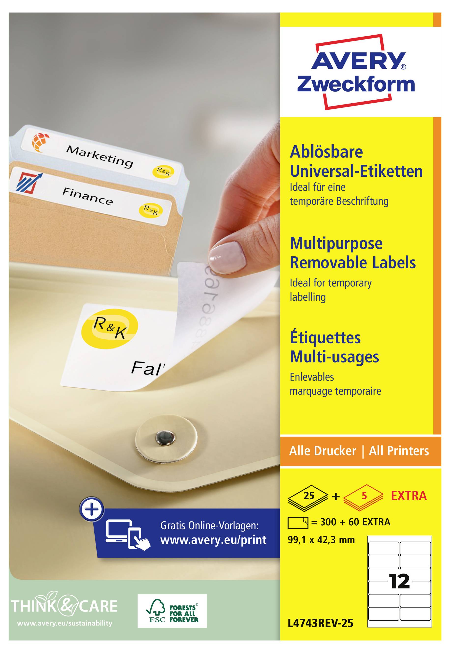 Avery Zweckform avtagbara etikettark för temporär märkning, visas hur de tas bort från en mapp-flik; förpackningstexten säger "Ablösbare Universal-Etiketten", "Multi-purpose Removable Labels", alla skrivare.