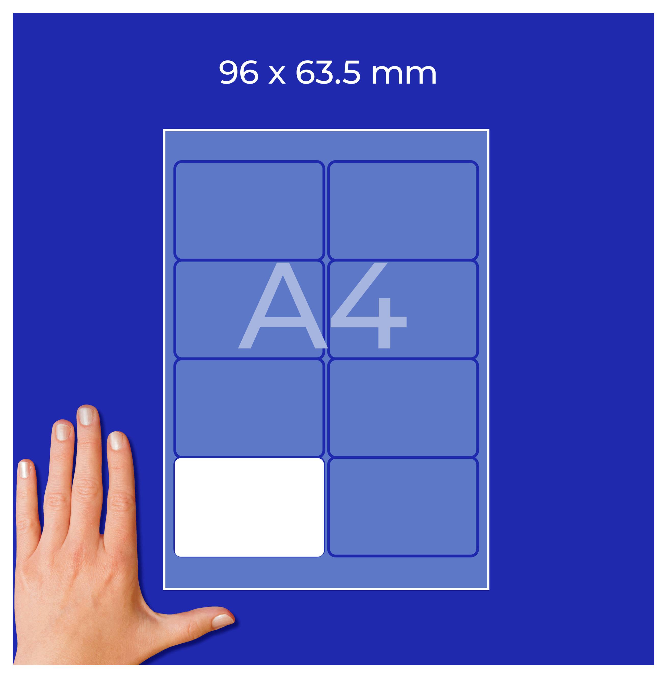 A4-layoutmall för 96 x 63,5 mm: ett 2-kolumnigt rutnät med 4 rader, längst ned till vänster ett vitt fält; hand visar storleken.