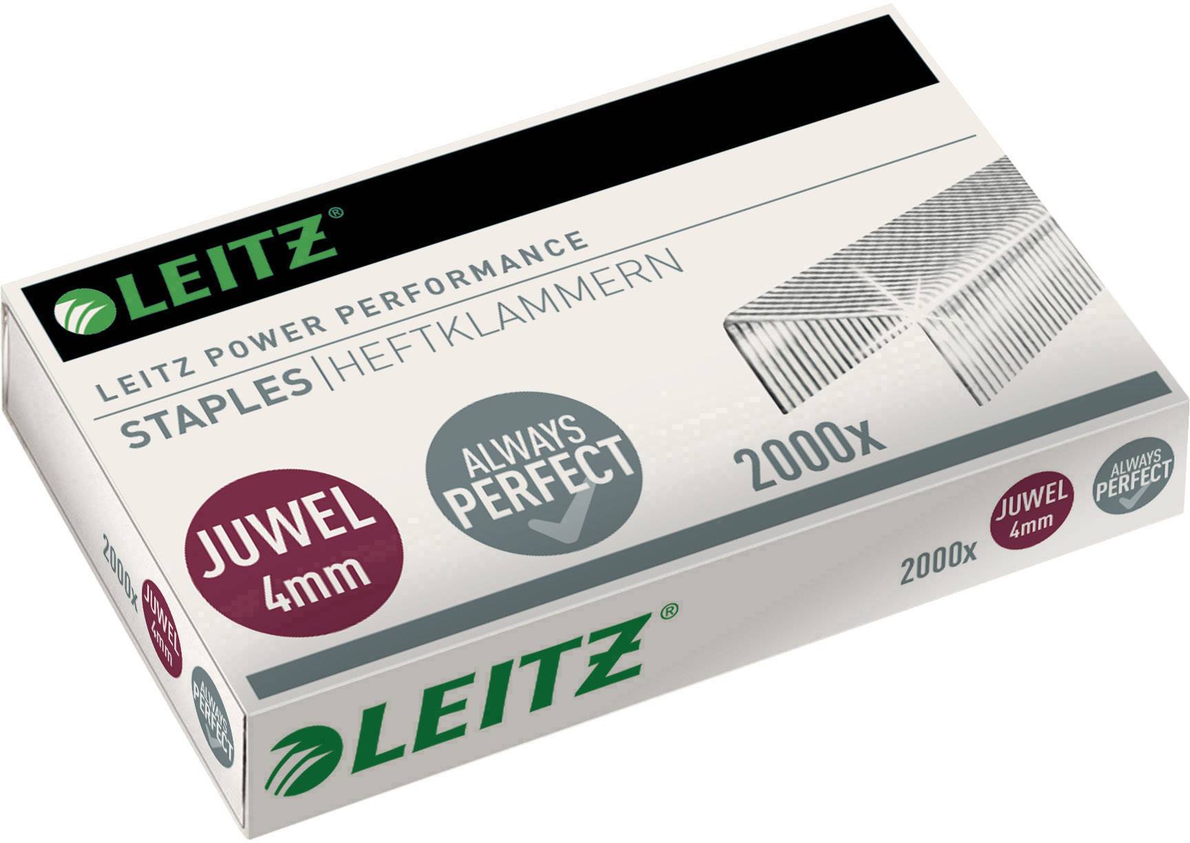 En ask med 'Leitz' häftklammer, 4mm, 2000 stycken. Märkningar 'Juwel 4mm' och 'Always Perfect'.