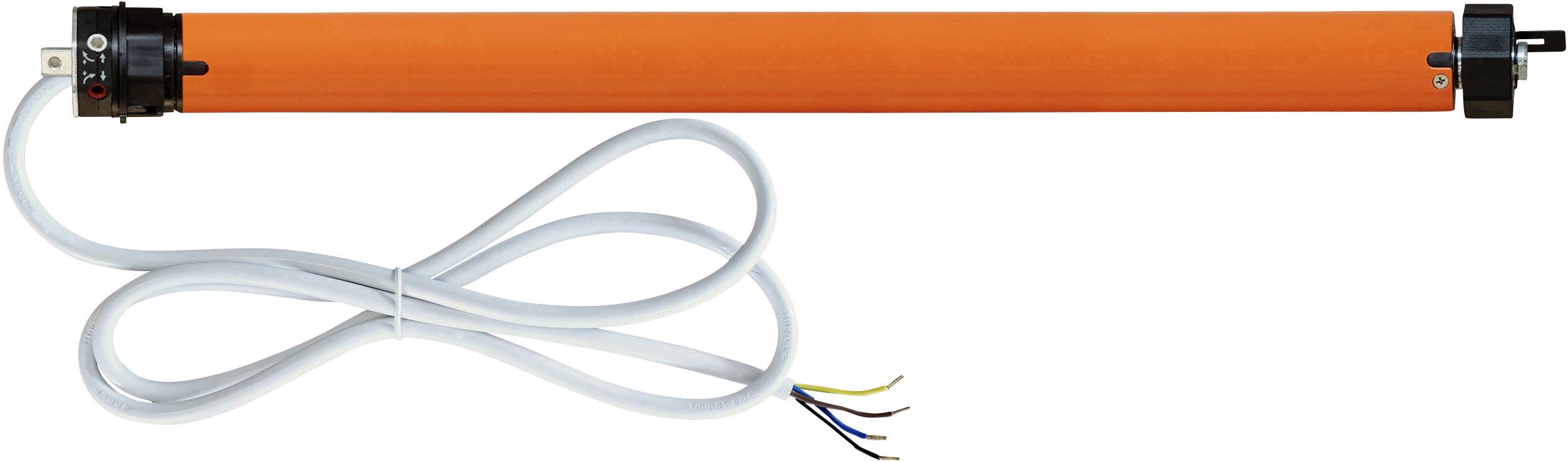 Elektrisk rörmotor i orange färg med instickbar kabel och fritt liggande färgade trådar, lämplig för rullgardiner eller persienner.