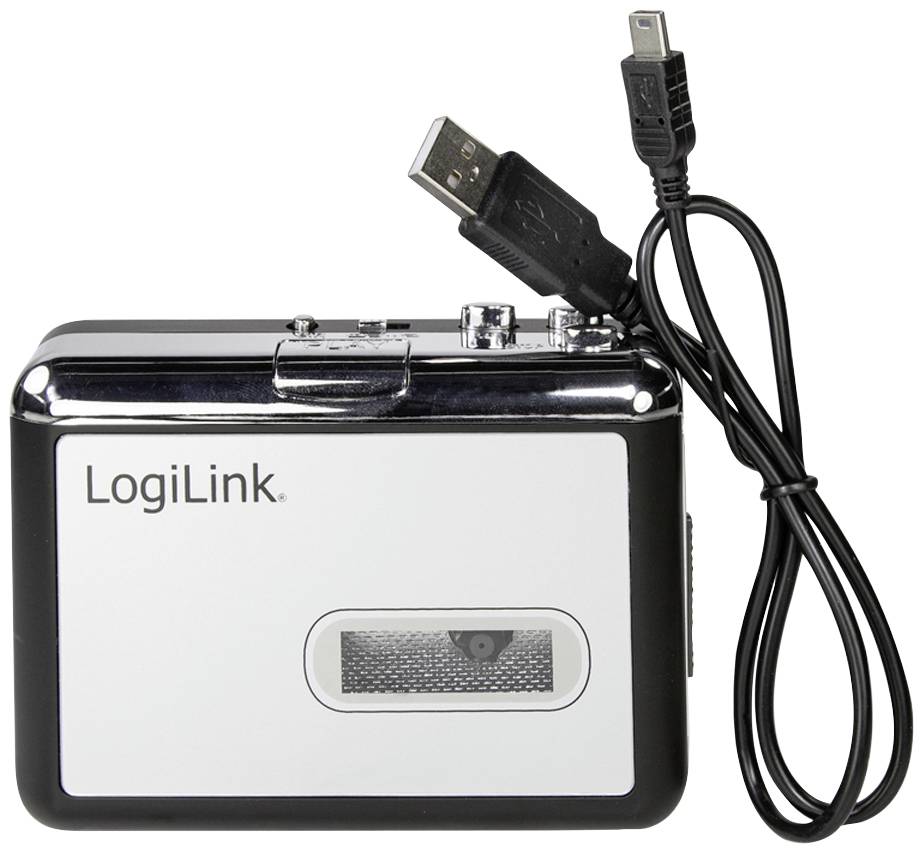 En bärbar kassettbandspelare från LogiLink med USB-anslutningskabel för digitalisering av ljudkassetter på datorer.