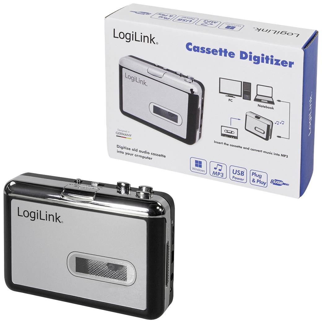 En förpackning och en kassettdigitaliserare från LogiLink, med funktionen att konvertera kassetter till MP3-filer för PC eller bärbar dator.