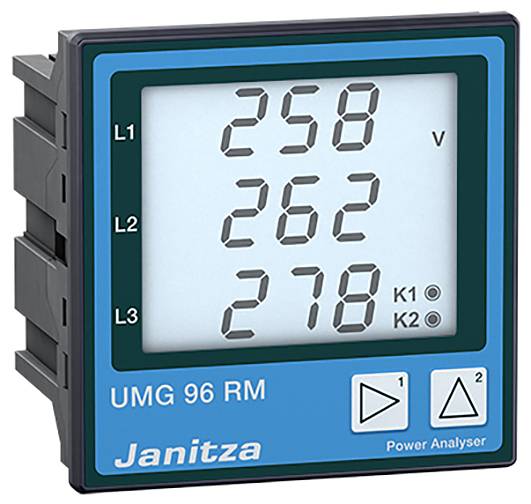 Ett digitalt voltmeter visar spänningar på 258 V, 262 V och 278 V för tre faser (L1, L2, L3). Enheten är en Janitza UMG 96 RM.