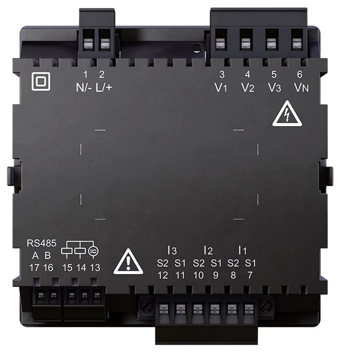 Svart elektronisk apparat med diverse anslutningar och säkerhetsmärkningar. Ovansidan visar symboler och numreringar.