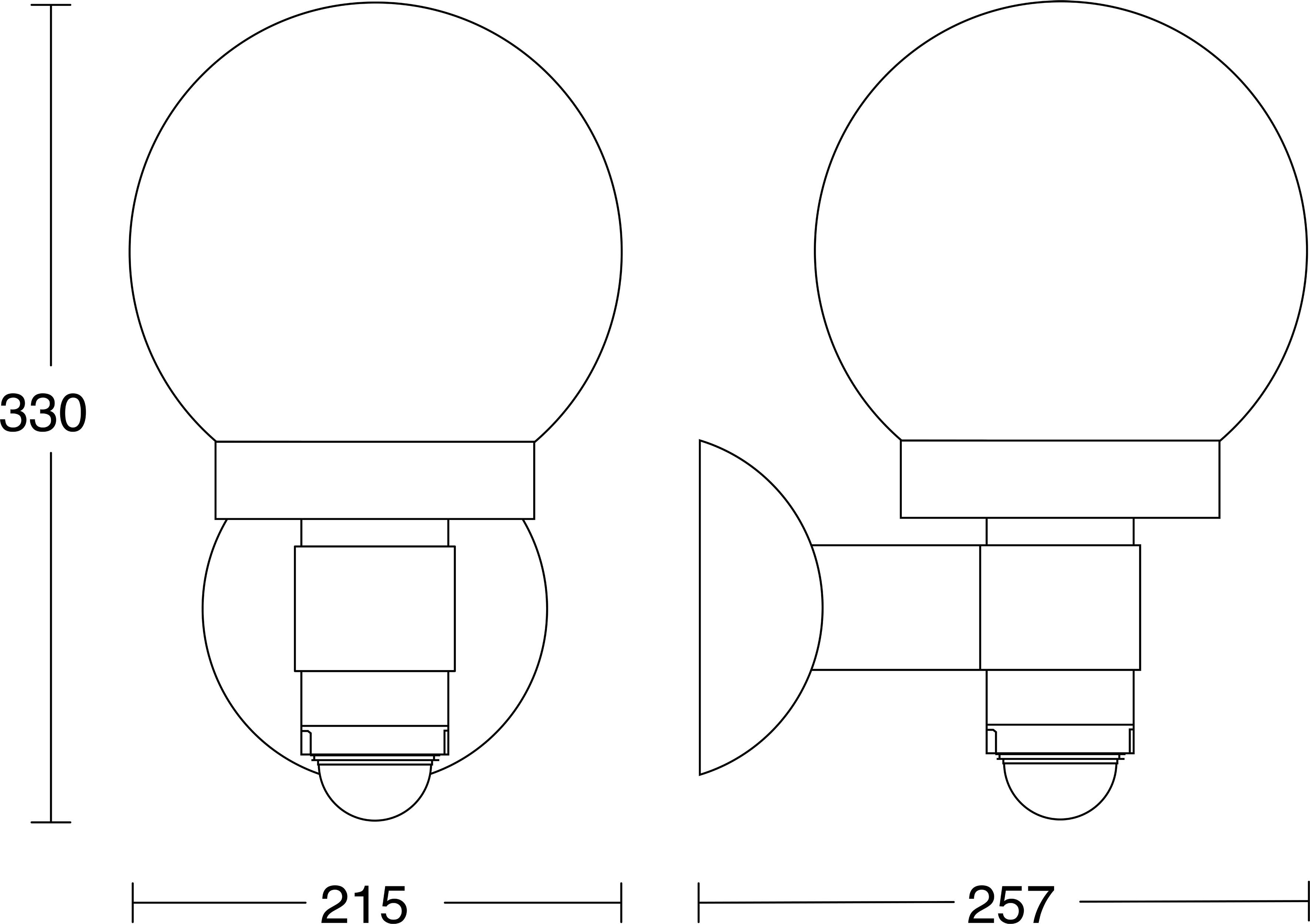 Teknisk streckritning av två glödlampsformade armaturer, front- och sidovyer, med dimensioner märkta 330, 215 och 257.