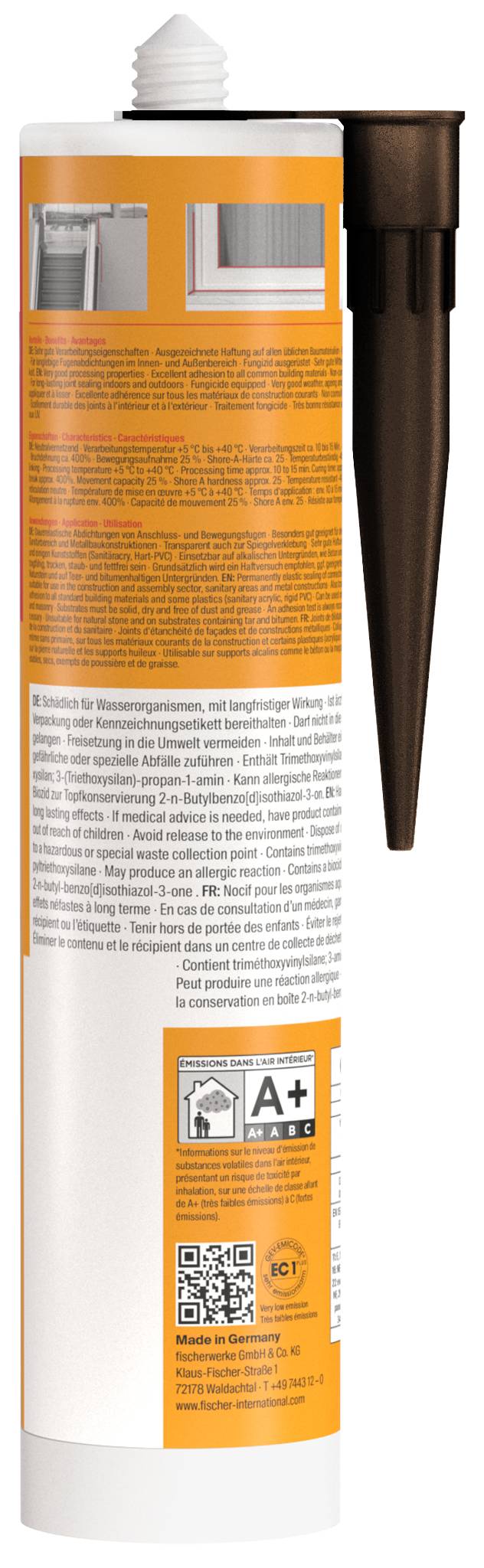 En högt cylindrisk orange-och-vit aerosolburk med en svart munstycke och varningsetiketter, visad upprätt på en vit bakgrund.