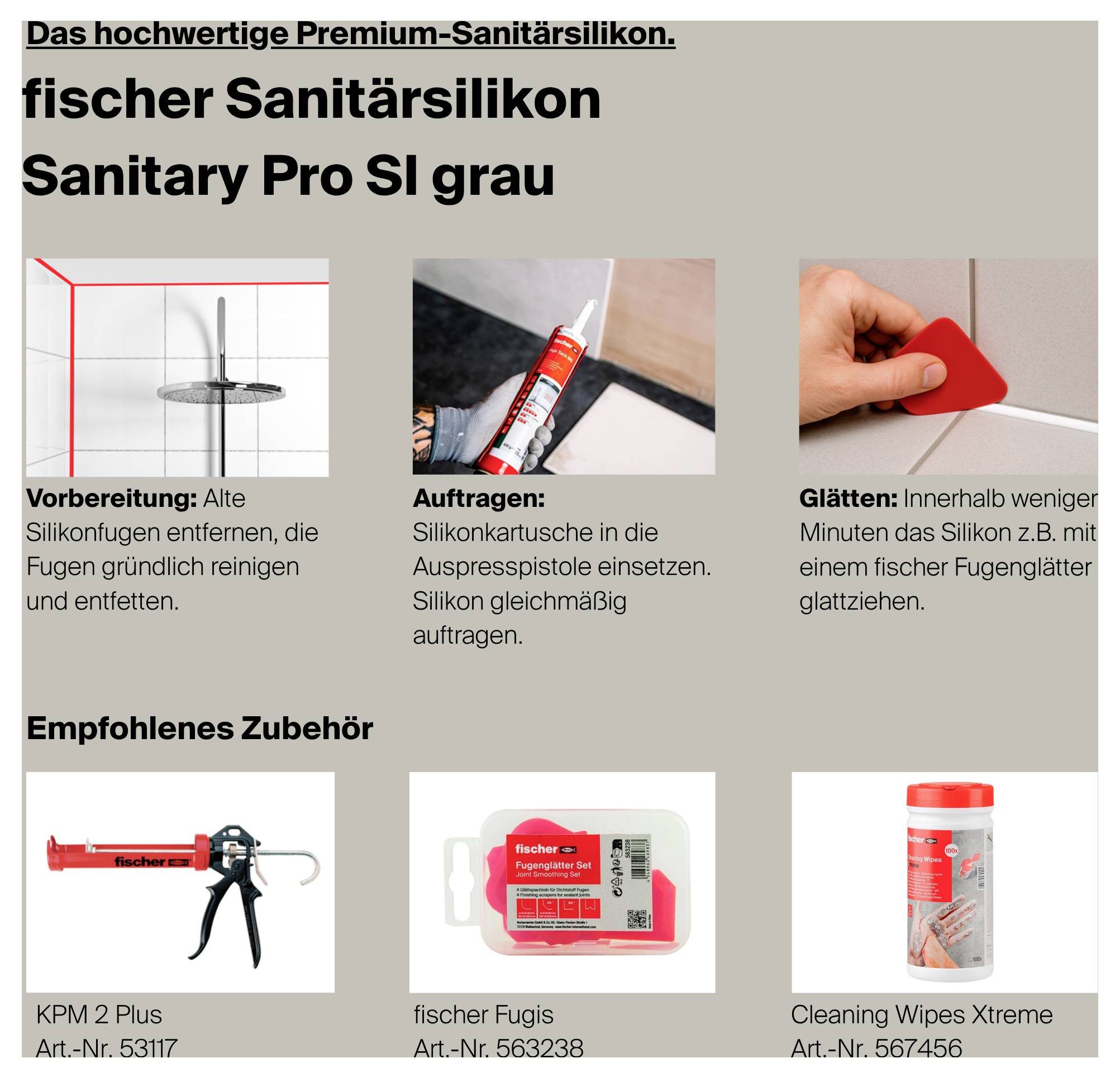 Instruktionsgrafik för fischer Sanitärsilikon Sanitary Pro SI grå med tre steg: Förberedelse, Applicering och Utjämning; längst ned rekommenderad tillbehör såsom kartridgpistol, foggverktyg och rengöringsklutar.
