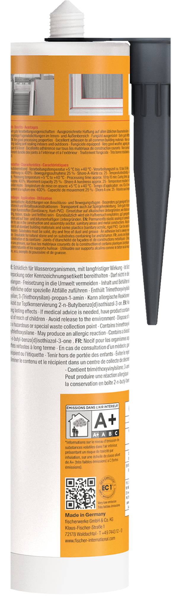 Tub med orange-och-vit adhesiv eller tätningsmedel med en lång svart munstyckeapplikator och produktetikett, visad upprätt på vit bakgrund.