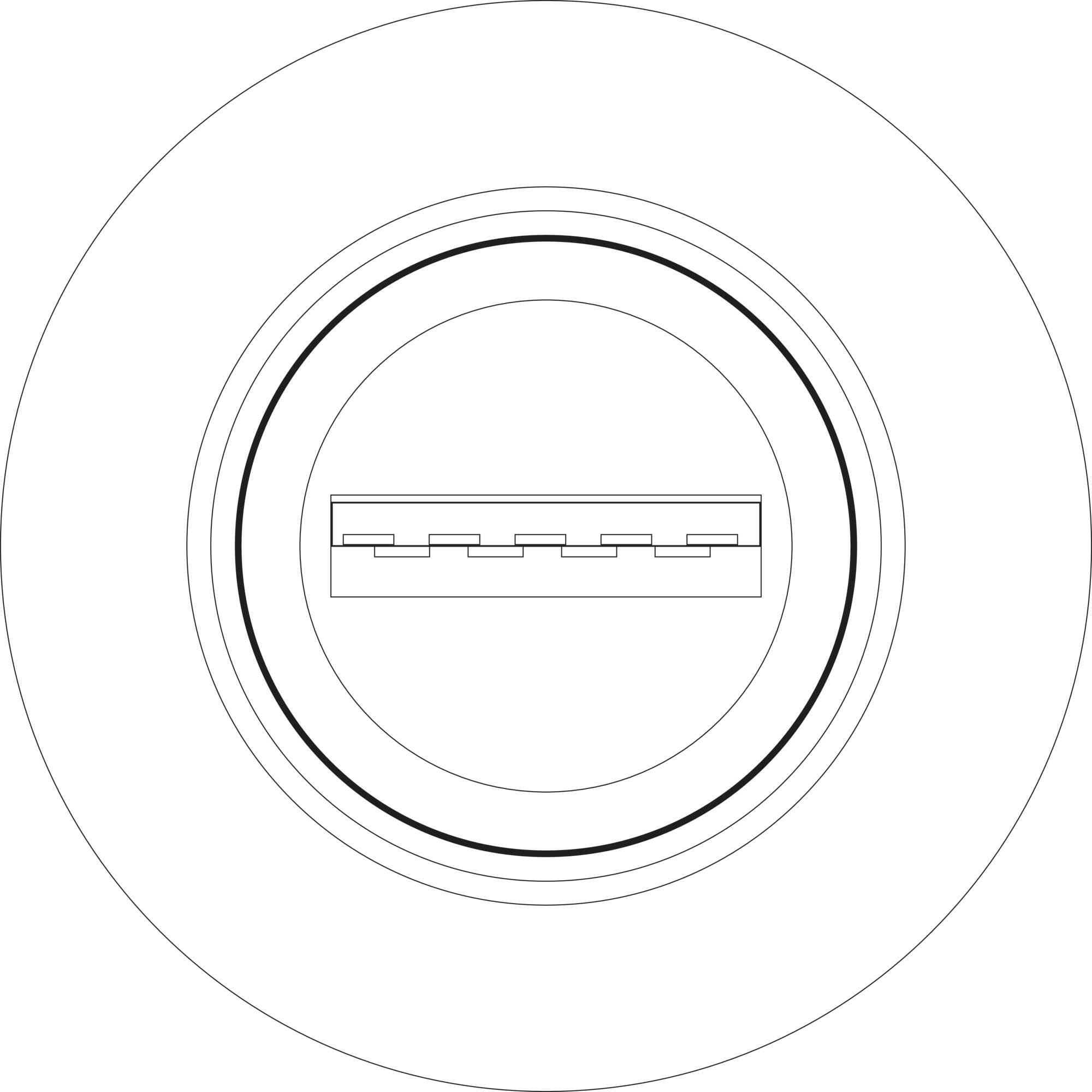 En cirkelformad grafik med ett centralt, rektangulärt element som liknar en kedja, omgiven av två koncentriska cirklar.