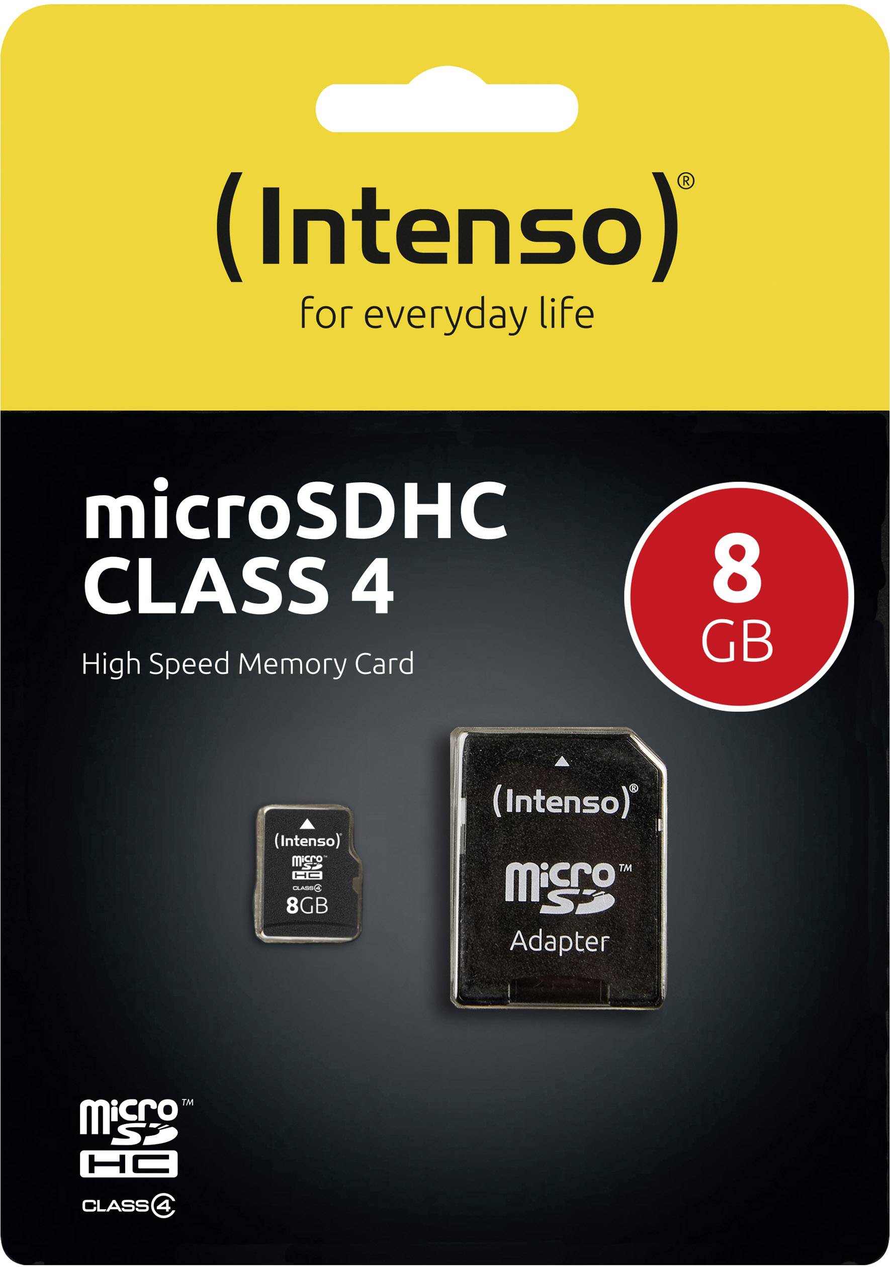 'Intenso microSDHC Klass 4', 8 GB minneskort med adapter. Förpackningen visar minneskortet och adaptern mot en svart bakgrund.