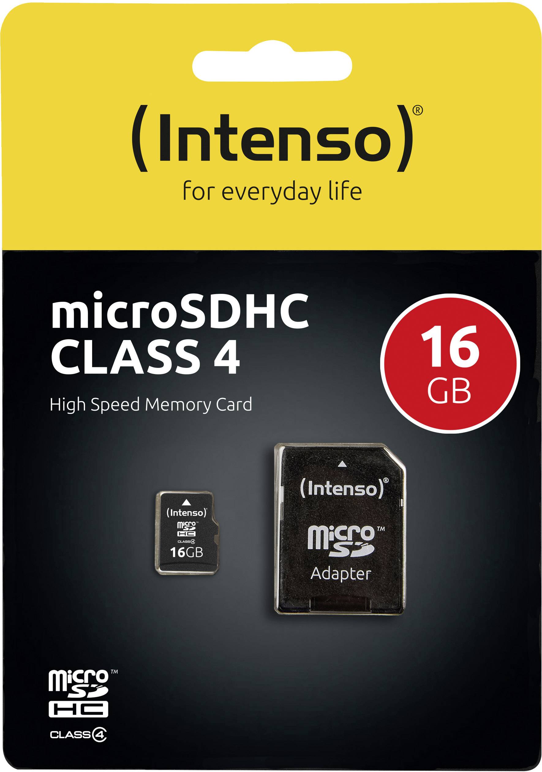 Intenso microSDHC Class 4-minneskort med 16 GB kapacitet och adapter. Förpackningen visar produktbild av kortet och adaptern.