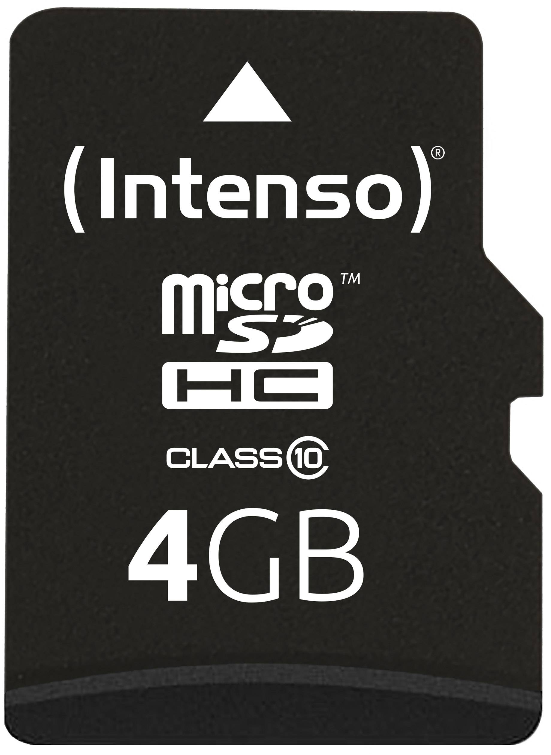 Intenso Micro SDHC Class 10 4GB minneskort, visar kapacitet och hastighet.